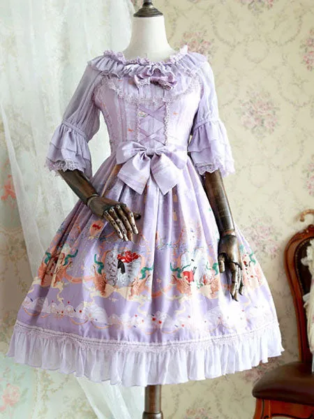 White Chiffon Lolita Blouse Middle Hime Sleeves Lace Trim High Waist