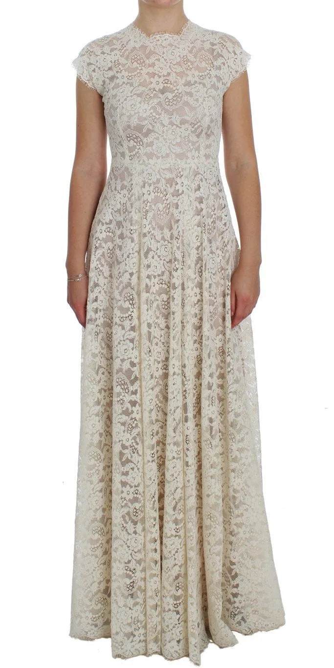 White Floral Lace Full Length Gown Dress