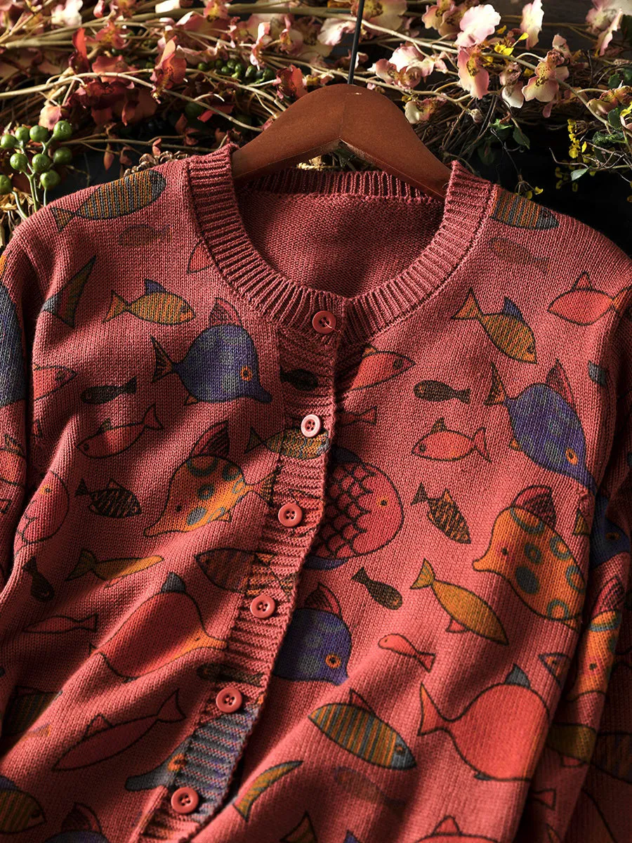 Women Autumn Fish O-Neck Cotton Cardigan Sweater