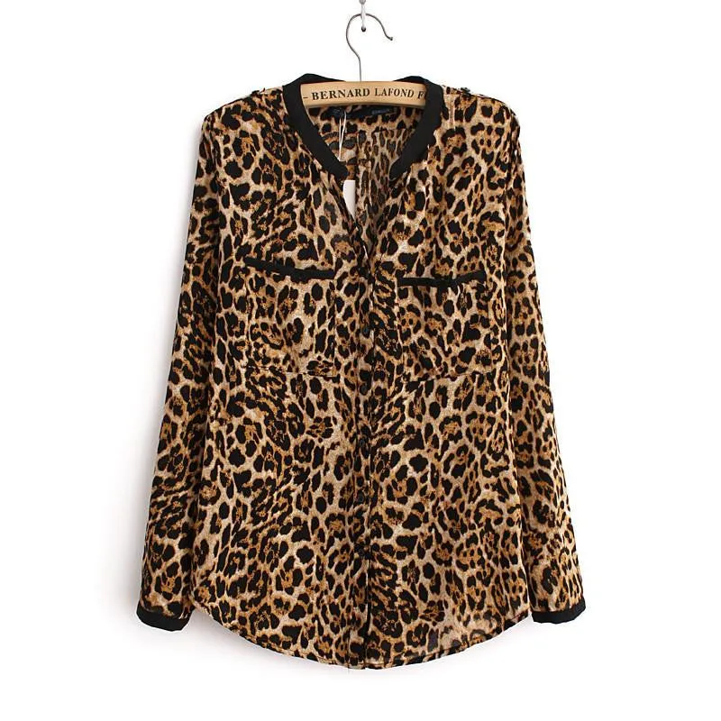 Women Blouse Leopard Print Shirt Long sleeve V -Neck Top Loose Blouses Plus Size Chiffon Shirt Clothing