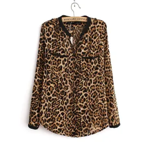 Women Blouse Leopard Print Shirt Long sleeve V -Neck Top Loose Blouses Plus Size Chiffon Shirt Clothing