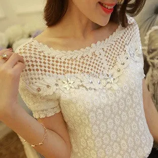 women blouse shirts tops lace chiffon blouses Hollow Out clothes shirt