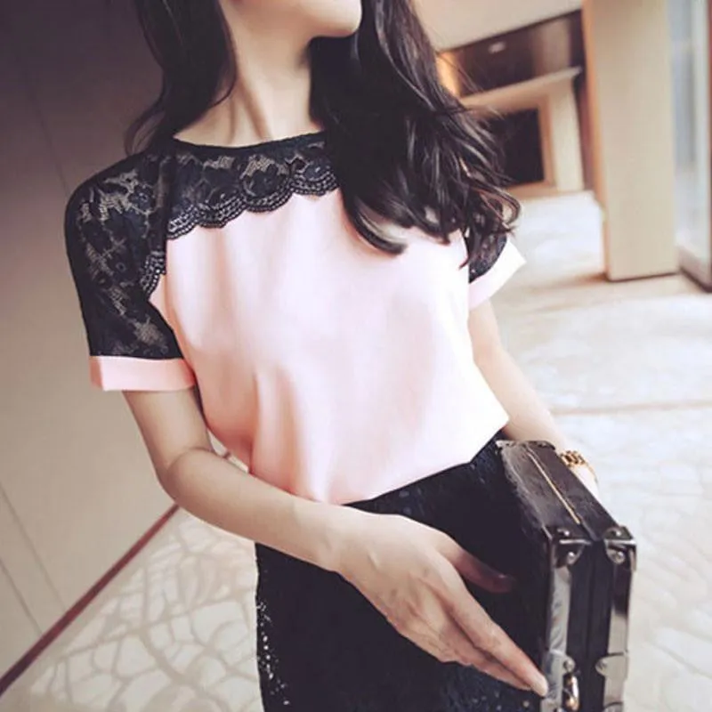Women Blouses Lace Chiffon Blouse Tops Short Sleeve Fashion Woman Shirts Plus Size 5XL/6XL Red