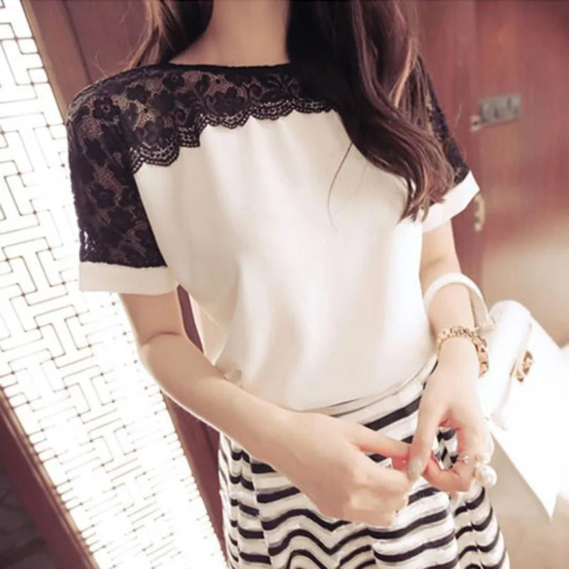 Women Blouses Lace Chiffon Blouse Tops Short Sleeve Fashion Woman Shirts Plus Size 5XL/6XL Red
