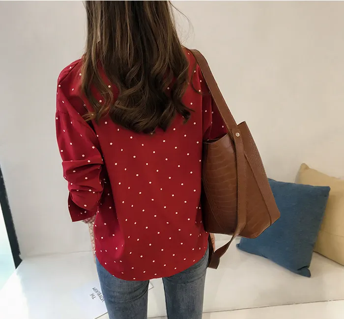 Women Dot Print Chiffon Long Sleeves Shirts