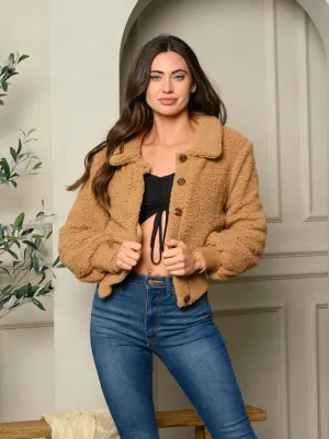 WOMEN'S FUZZY COLLAR BUTTON CLOSURE BOMBER JACKET