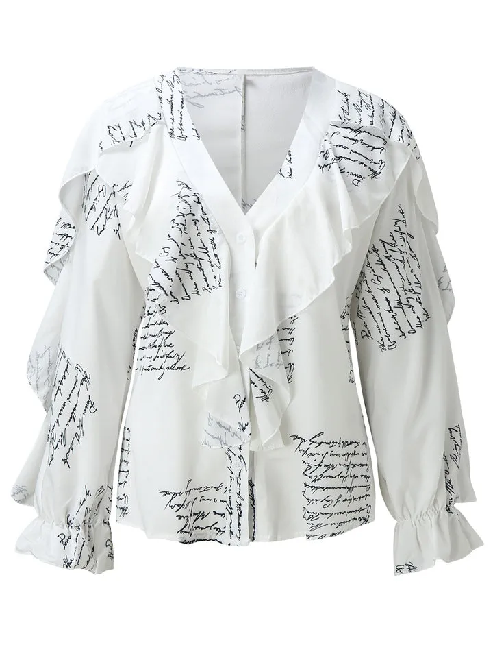 Women's Vintage Printed V Neck Ruffle Elegant Chiffon Shirt
