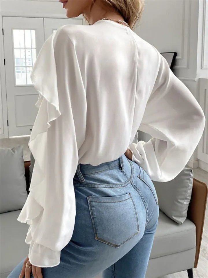 Women's Vintage Printed V Neck Ruffle Elegant Chiffon Shirt