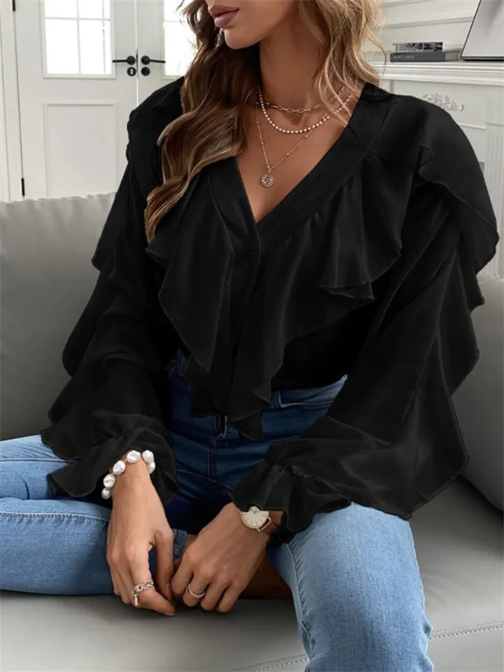 Women's Vintage Printed V Neck Ruffle Elegant Chiffon Shirt