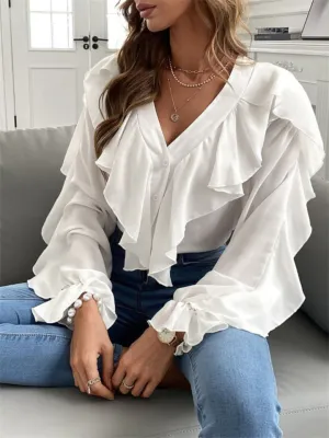 Women's Vintage Printed V Neck Ruffle Elegant Chiffon Shirt