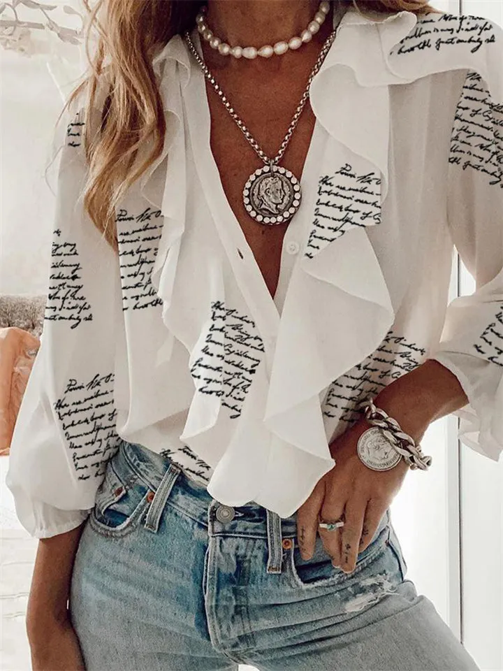 Women's Vintage Printed V Neck Ruffle Elegant Chiffon Shirt