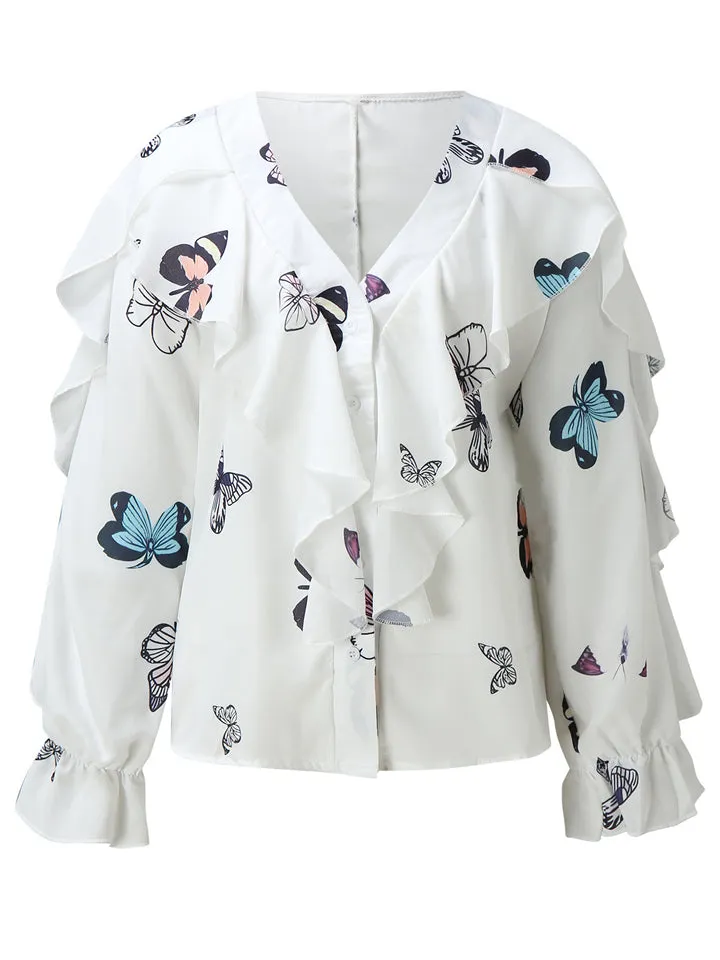 Women's Vintage Printed V Neck Ruffle Elegant Chiffon Shirt