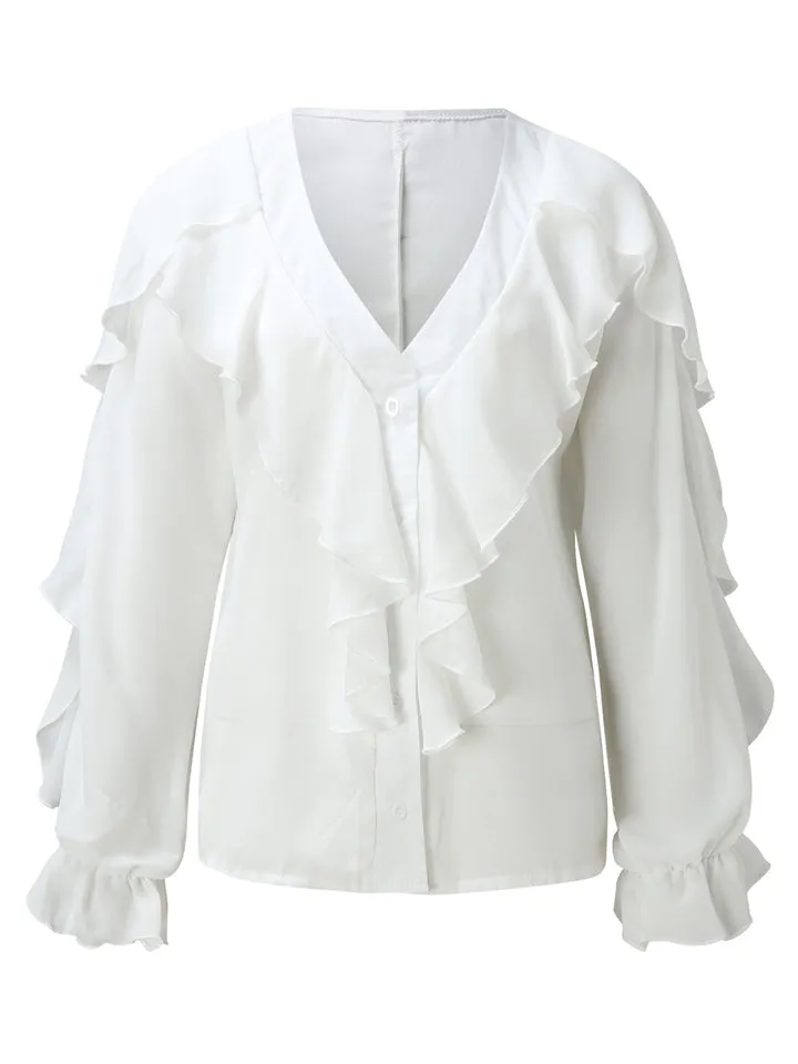Women's Vintage Printed V Neck Ruffle Elegant Chiffon Shirt