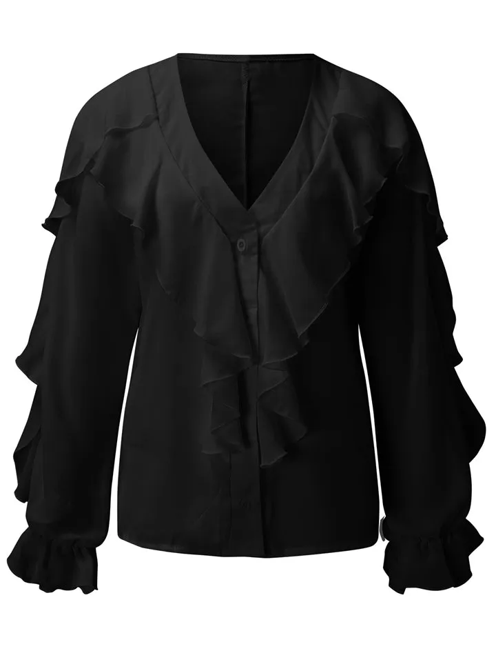 Women's Vintage Printed V Neck Ruffle Elegant Chiffon Shirt