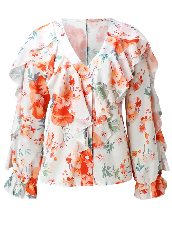 Women's Vintage Printed V Neck Ruffle Elegant Chiffon Shirt