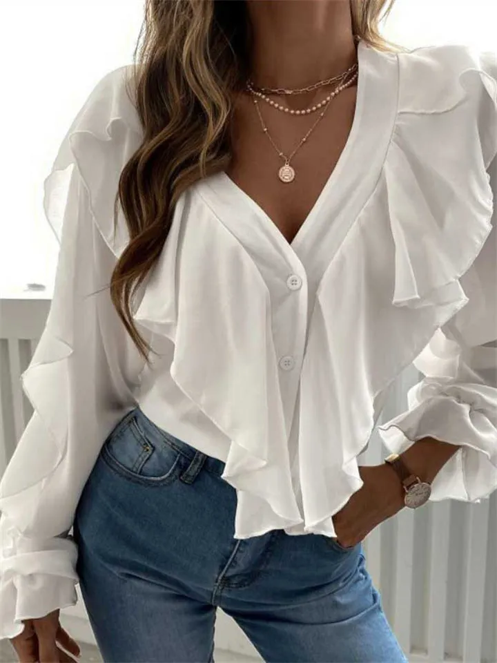 Women's Vintage Printed V Neck Ruffle Elegant Chiffon Shirt